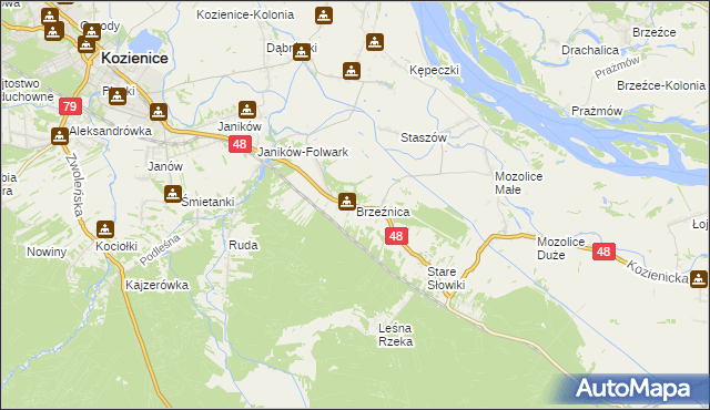 mapa Brzeźnica gmina Kozienice, Brzeźnica gmina Kozienice na mapie Targeo