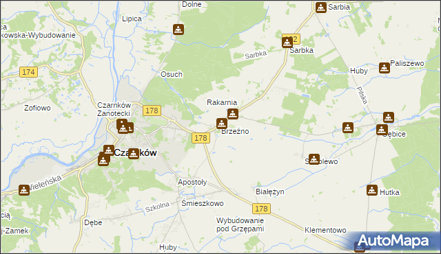 mapa Brzeźno gmina Czarnków, Brzeźno gmina Czarnków na mapie Targeo