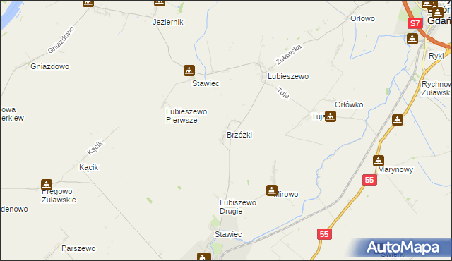 mapa Brzózki gmina Nowy Staw, Brzózki gmina Nowy Staw na mapie Targeo