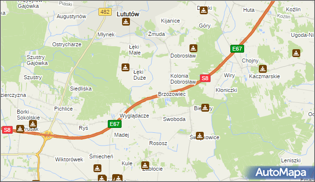 mapa Brzozowiec gmina Lututów, Brzozowiec gmina Lututów na mapie Targeo