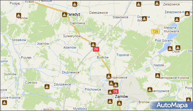 mapa Budków gmina Żarnów, Budków gmina Żarnów na mapie Targeo