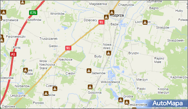 mapa Budy gmina Rozprza, Budy gmina Rozprza na mapie Targeo