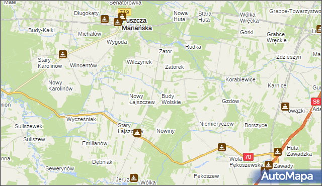 mapa Budy Wolskie gmina Puszcza Mariańska, Budy Wolskie gmina Puszcza Mariańska na mapie Targeo