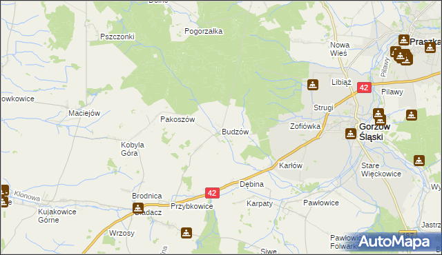 mapa Budzów gmina Gorzów Śląski, Budzów gmina Gorzów Śląski na mapie Targeo