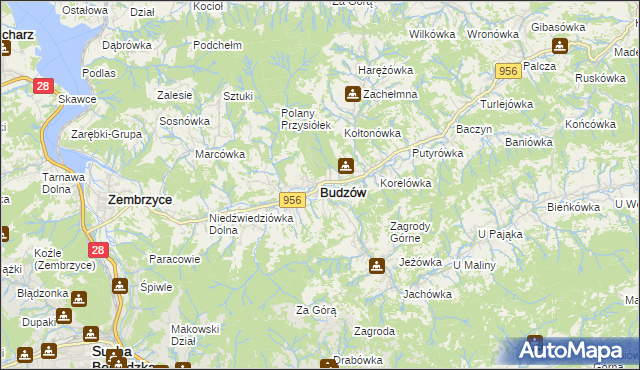 mapa Budzów powiat suski, Budzów powiat suski na mapie Targeo