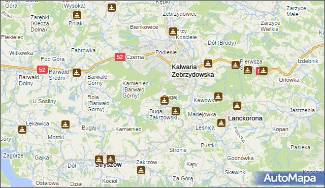 mapa Bugaj gmina Kalwaria Zebrzydowska, Bugaj gmina Kalwaria Zebrzydowska na mapie Targeo