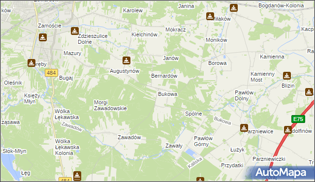 mapa Bukowa gmina Bełchatów, Bukowa gmina Bełchatów na mapie Targeo