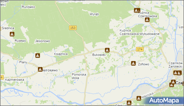 mapa Bukowiec gmina Czarnków, Bukowiec gmina Czarnków na mapie Targeo