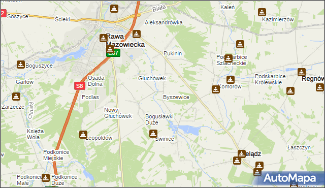 mapa Byszewice gmina Rawa Mazowiecka, Byszewice gmina Rawa Mazowiecka na mapie Targeo