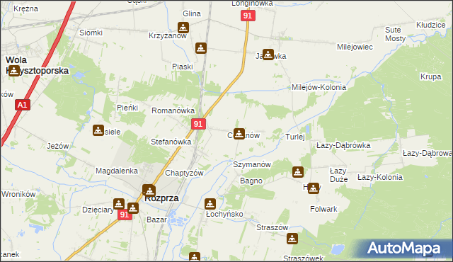 mapa Cekanów gmina Rozprza, Cekanów gmina Rozprza na mapie Targeo