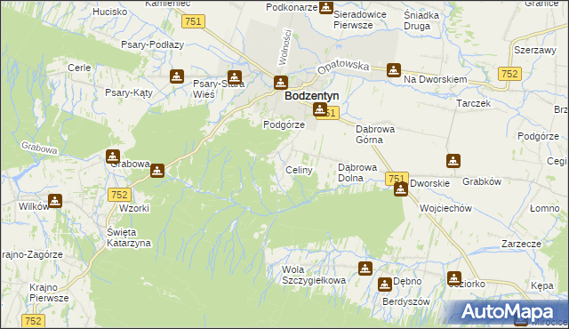 mapa Celiny gmina Bodzentyn, Celiny gmina Bodzentyn na mapie Targeo