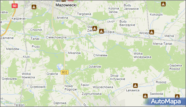 mapa Chmielew gmina Mińsk Mazowiecki, Chmielew gmina Mińsk Mazowiecki na mapie Targeo