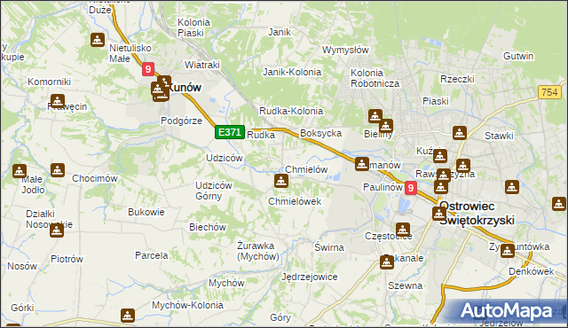 mapa Chmielów gmina Bodzechów, Chmielów gmina Bodzechów na mapie Targeo