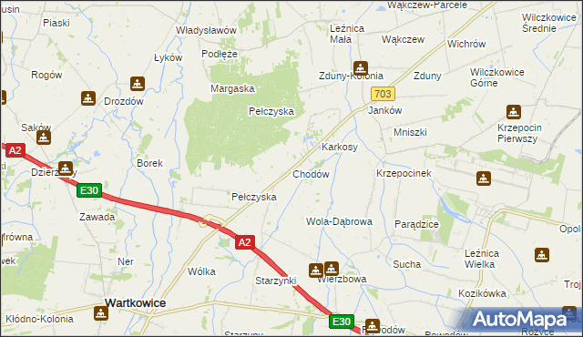 mapa Chodów gmina Wartkowice, Chodów gmina Wartkowice na mapie Targeo