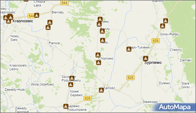 mapa Chojnowo gmina Sypniewo, Chojnowo gmina Sypniewo na mapie Targeo