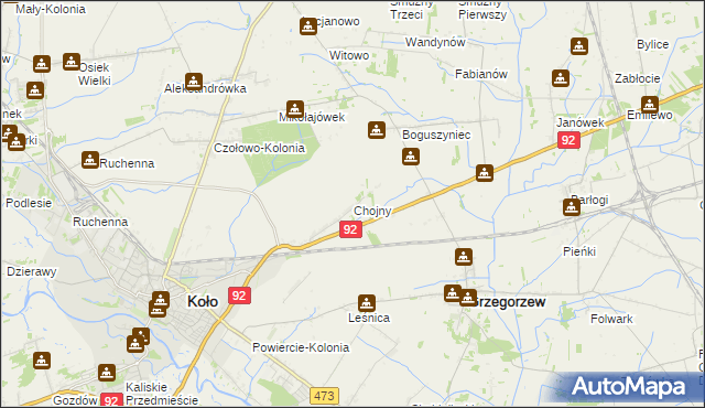 mapa Chojny gmina Koło, Chojny gmina Koło na mapie Targeo