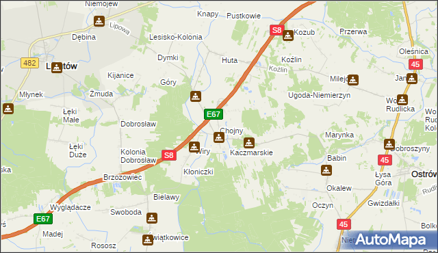 mapa Chojny gmina Lututów, Chojny gmina Lututów na mapie Targeo