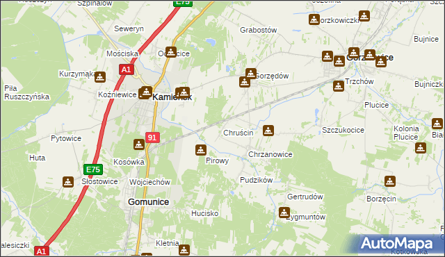 mapa Chruścin gmina Gomunice, Chruścin gmina Gomunice na mapie Targeo