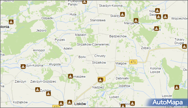 mapa Chrusty gmina Lisków, Chrusty gmina Lisków na mapie Targeo
