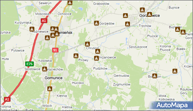 mapa Chrzanowice gmina Gomunice, Chrzanowice gmina Gomunice na mapie Targeo