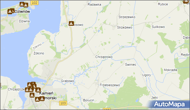 mapa Chrząstowo gmina Kamień Pomorski, Chrząstowo gmina Kamień Pomorski na mapie Targeo