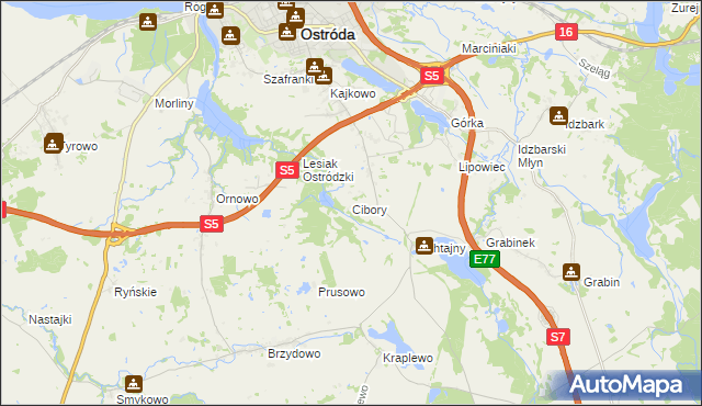 mapa Cibory gmina Ostróda, Cibory gmina Ostróda na mapie Targeo