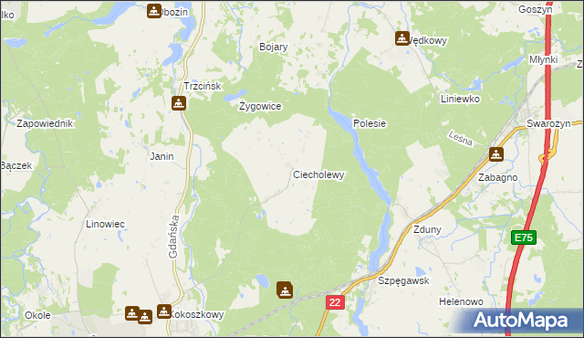 mapa Ciecholewy gmina Starogard Gdański, Ciecholewy gmina Starogard Gdański na mapie Targeo