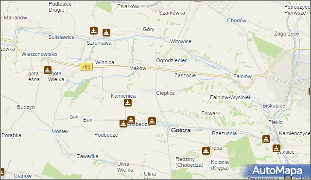 mapa Cieplice gmina Gołcza, Cieplice gmina Gołcza na mapie Targeo