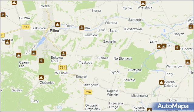 mapa Cisowa gmina Pilica, Cisowa gmina Pilica na mapie Targeo