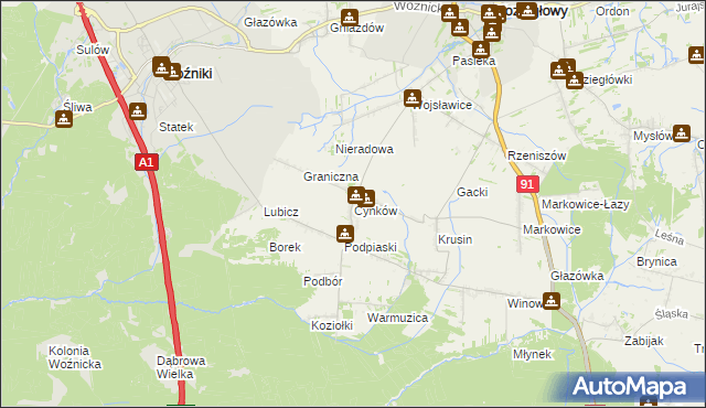 mapa Cynków gmina Koziegłowy, Cynków gmina Koziegłowy na mapie Targeo