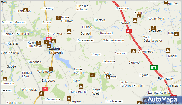 mapa Czaple gmina Lubień Kujawski, Czaple gmina Lubień Kujawski na mapie Targeo