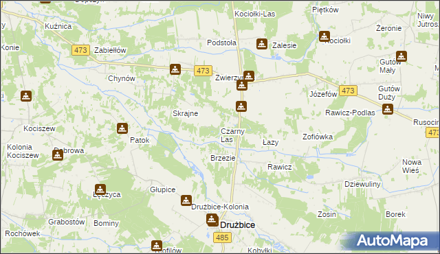 mapa Czarny Las gmina Drużbice, Czarny Las gmina Drużbice na mapie Targeo