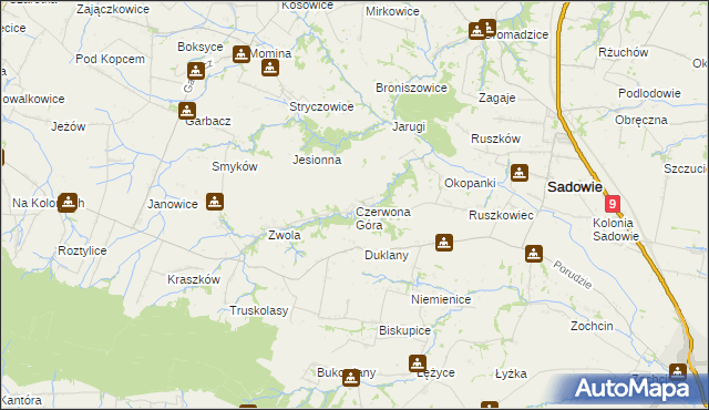 mapa Czerwona Góra gmina Sadowie, Czerwona Góra gmina Sadowie na mapie Targeo