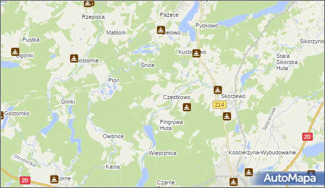 mapa Częstkowo gmina Kościerzyna, Częstkowo gmina Kościerzyna na mapie Targeo