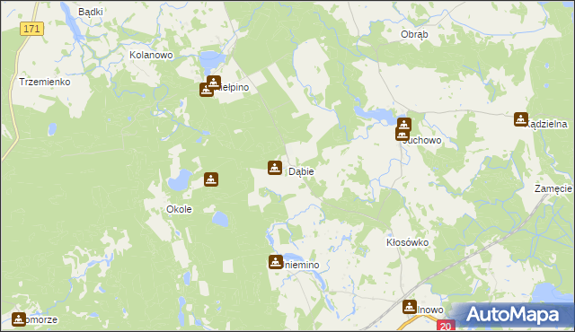 mapa Dąbie gmina Borne Sulinowo, Dąbie gmina Borne Sulinowo na mapie Targeo