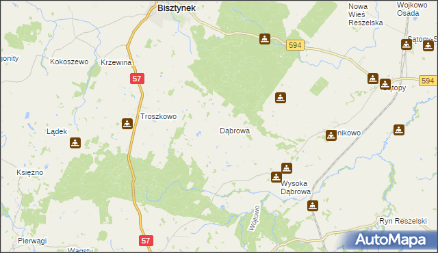 mapa Dąbrowa gmina Bisztynek, Dąbrowa gmina Bisztynek na mapie Targeo