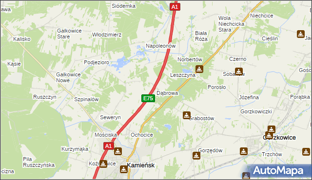 mapa Dąbrowa gmina Kamieńsk, Dąbrowa gmina Kamieńsk na mapie Targeo