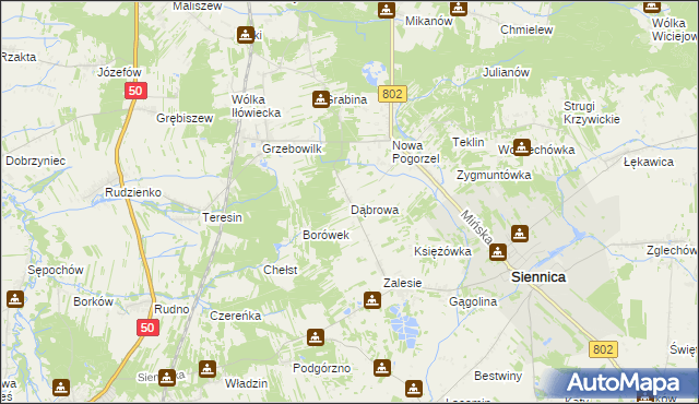 mapa Dąbrowa gmina Siennica, Dąbrowa gmina Siennica na mapie Targeo