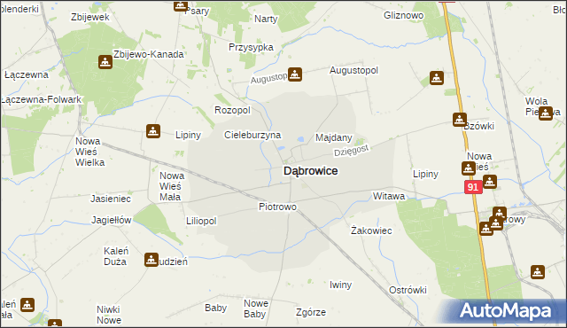 mapa Dąbrowice powiat kutnowski, Dąbrowice powiat kutnowski na mapie Targeo
