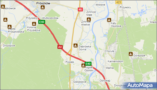 mapa Dąbrówka Górna gmina Krapkowice, Dąbrówka Górna gmina Krapkowice na mapie Targeo