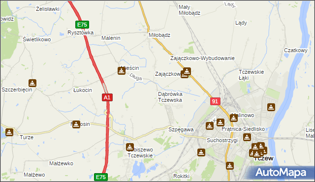 mapa Dąbrówka Tczewska, Dąbrówka Tczewska na mapie Targeo