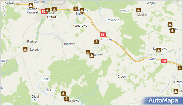 mapa Danowo gmina Biała Piska, Danowo gmina Biała Piska na mapie Targeo