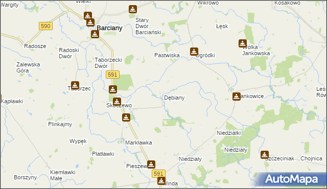 mapa Dębiany gmina Barciany, Dębiany gmina Barciany na mapie Targeo