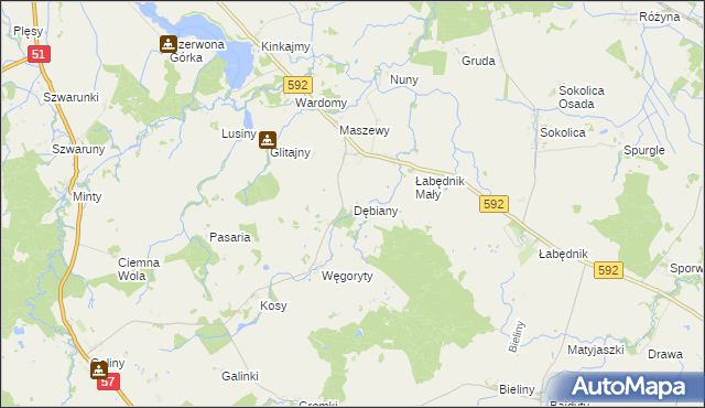 mapa Dębiany gmina Bartoszyce, Dębiany gmina Bartoszyce na mapie Targeo