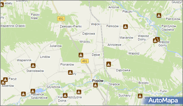 mapa Dębie gmina Popów, Dębie gmina Popów na mapie Targeo