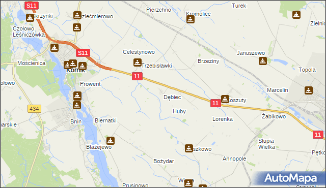 mapa Dębiec gmina Kórnik, Dębiec gmina Kórnik na mapie Targeo