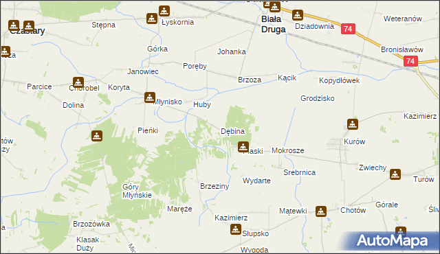 mapa Dębina gmina Biała, Dębina gmina Biała na mapie Targeo