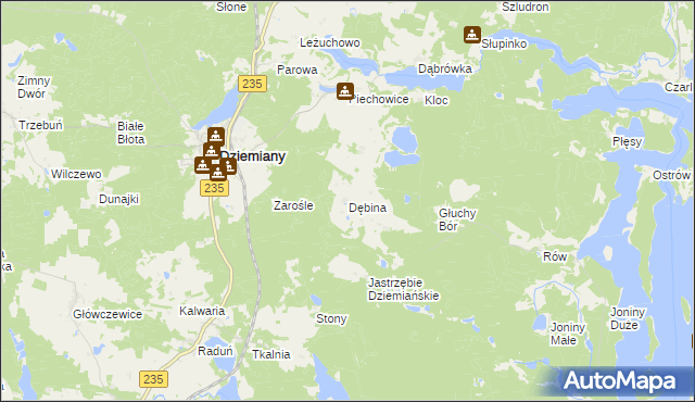 mapa Dębina gmina Dziemiany, Dębina gmina Dziemiany na mapie Targeo
