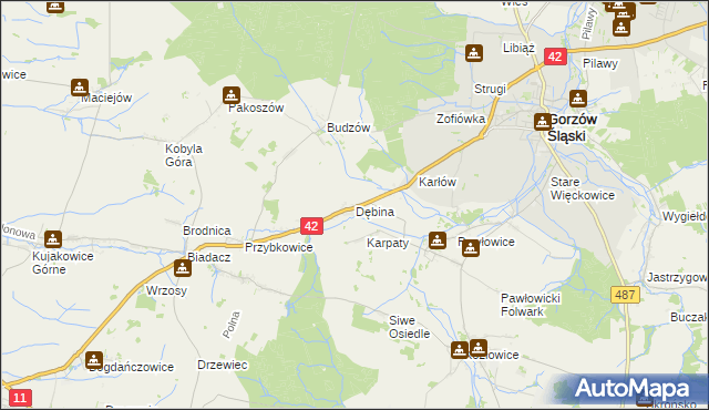 mapa Dębina gmina Gorzów Śląski, Dębina gmina Gorzów Śląski na mapie Targeo