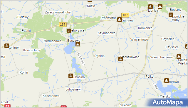 mapa Dębina gmina Pniewy, Dębina gmina Pniewy na mapie Targeo